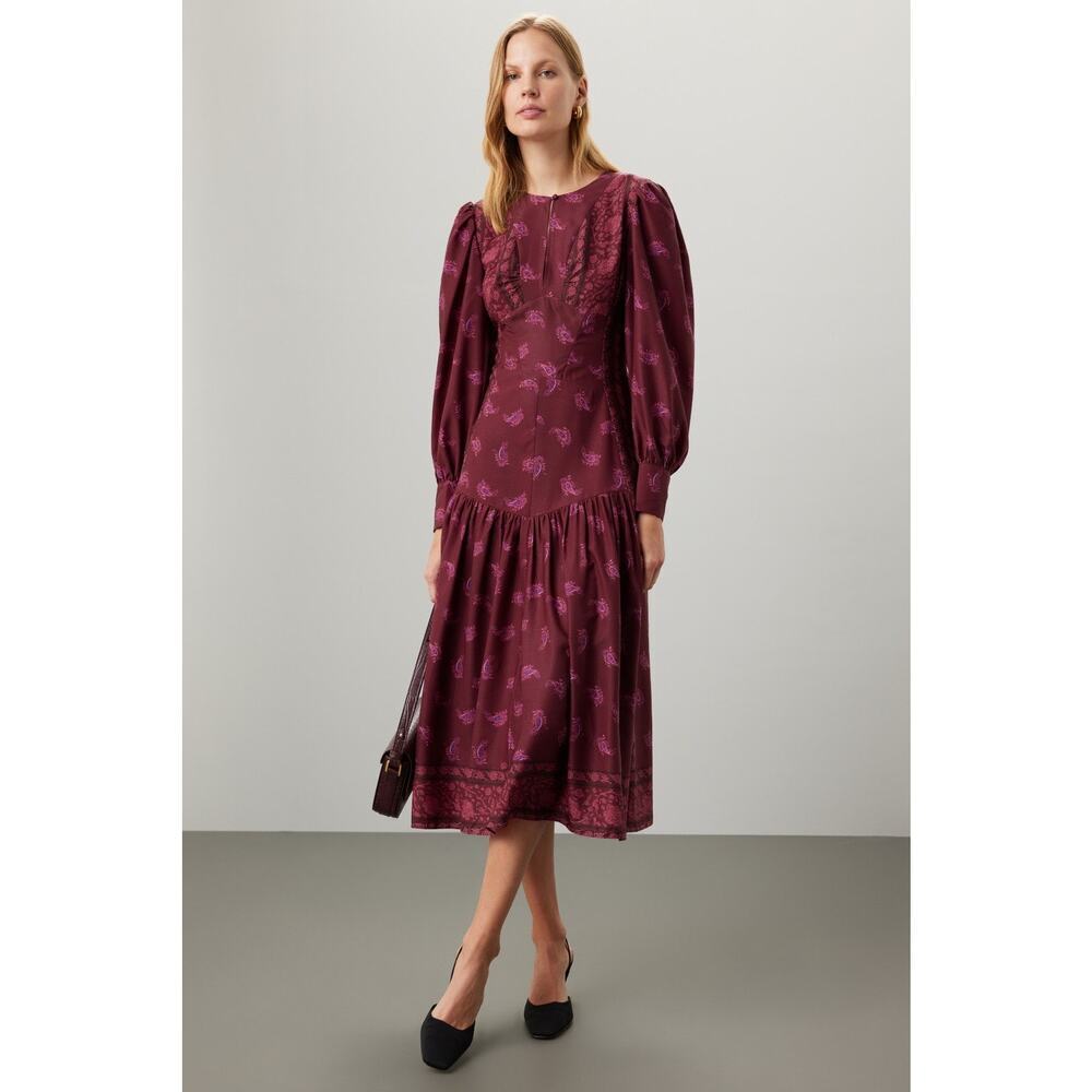 DEREK LAM COLLECTIVE Red Floral Chiffon Keyhole Empire Waist Midi Dress Size 44